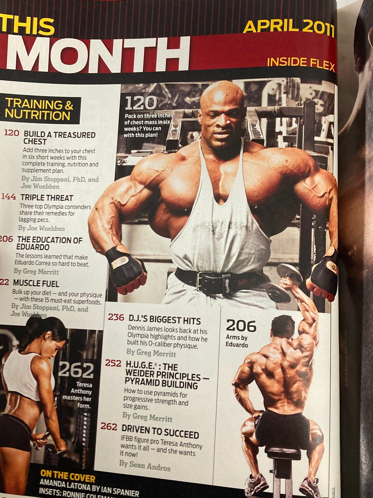 Flex Magazine April 2011 features a dynamic image showcasing fitness professionals, with focus on muscular athletes, illustrating core training and nutrition insights. Perfect for fitness enthusiasts and collectors.