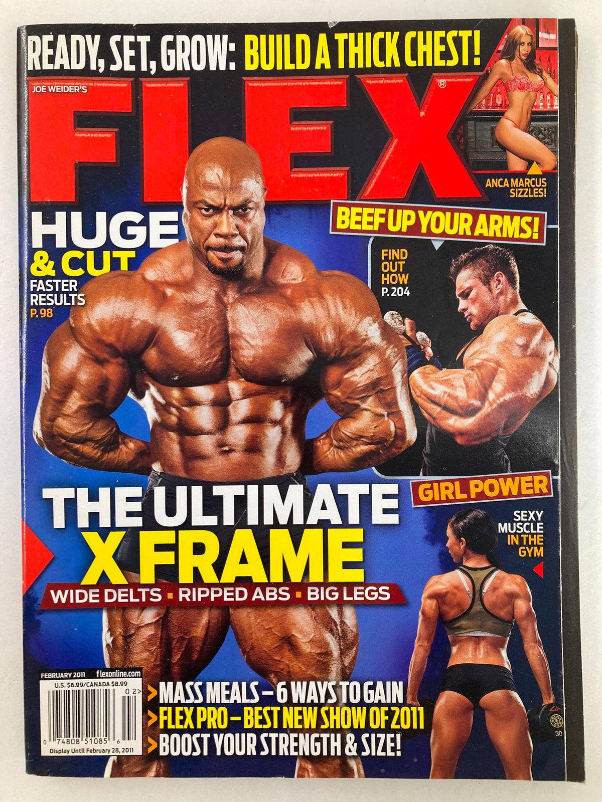 Flex Magazine February 2011 cover featuring Toney Freeman showcasing a muscular physique and Anca Marcus in a bikini, emphasizing fitness and bodybuilding culture.