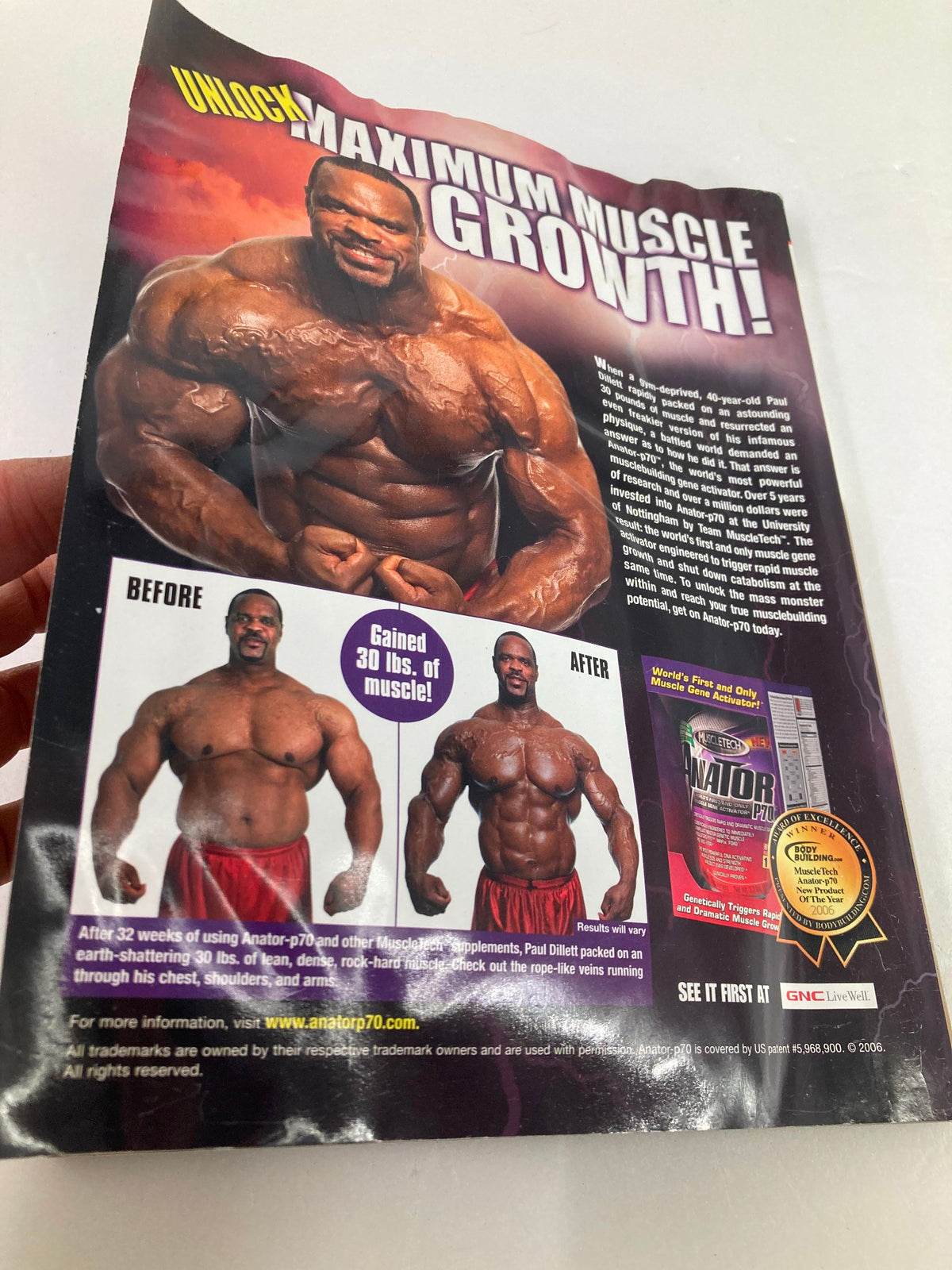 Back cover of Flex Magazine January 2007 Vol 24 #11 promoting maximum muscle growth supplements with a before and after transformation of a bodybuilder.
