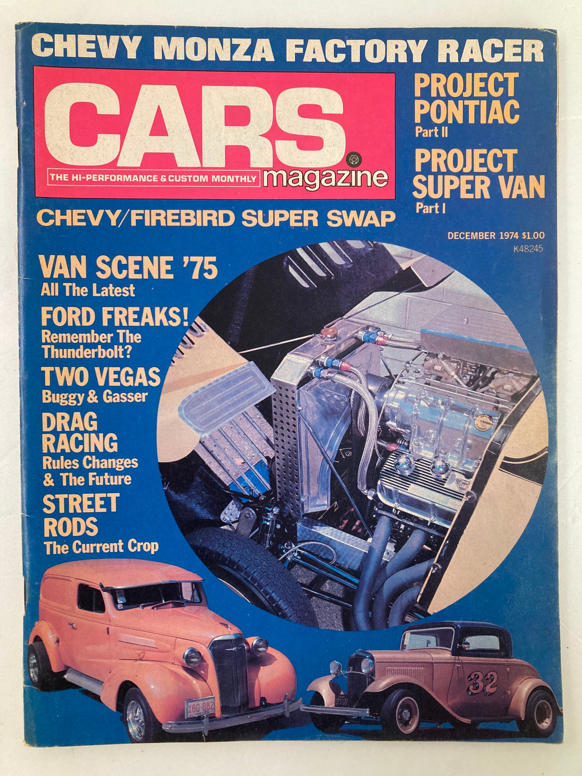 Vintage Cars Magazine December 1974 cover featuring Project Super Van Part 1, showcasing stunning car designs and features including Chevy Monza Factory Racer and various project highlights.