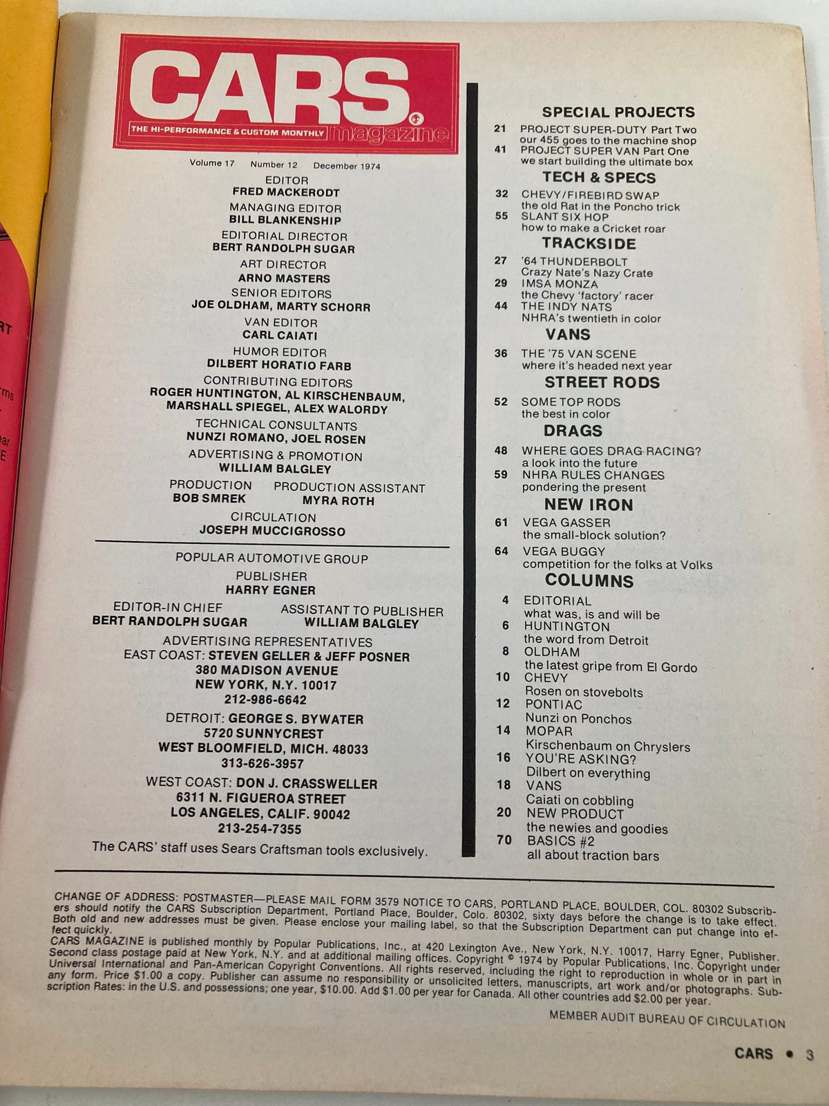 Interior page of the December 1974 Cars Magazine displaying the table of contents, detailing insights into Project Super Van Part 1 and other automotive articles from that era.