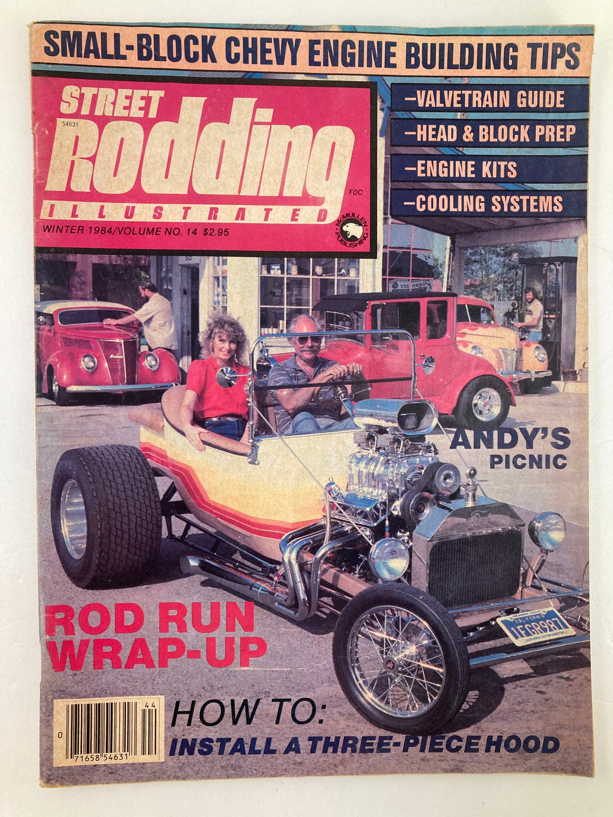 Cover of the VTG Street Rodding Illustrated Magazine Winter 1984 Vol 14 featuring a vibrant street rod on the foreground and the title 'Rod Run Wrap-Up'. Engaging images of classic cars and automotive culture from the 1980s.