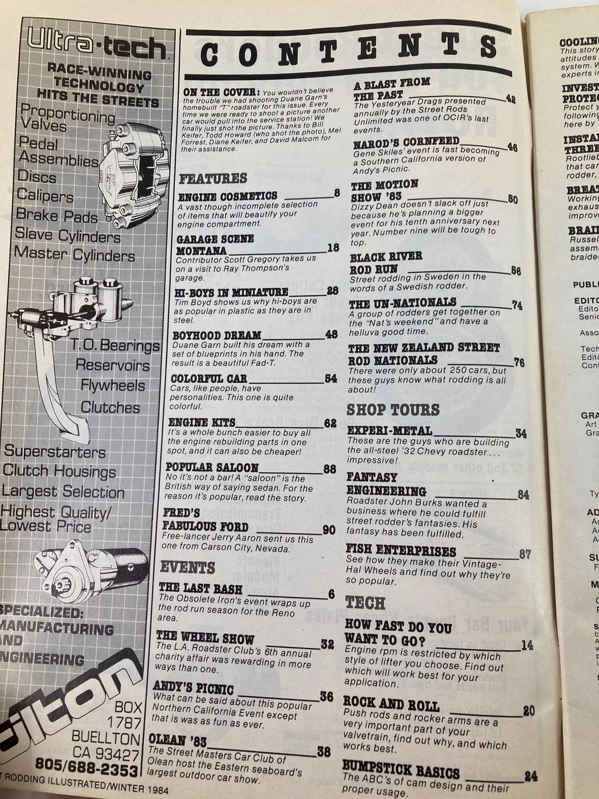 Table of contents from the VTG Street Rodding Illustrated Magazine Winter 1984 Vol 14 outlining features including 'Engine Cosmetics' and 'Rod Run'. Rich historical content for automotive enthusiasts.