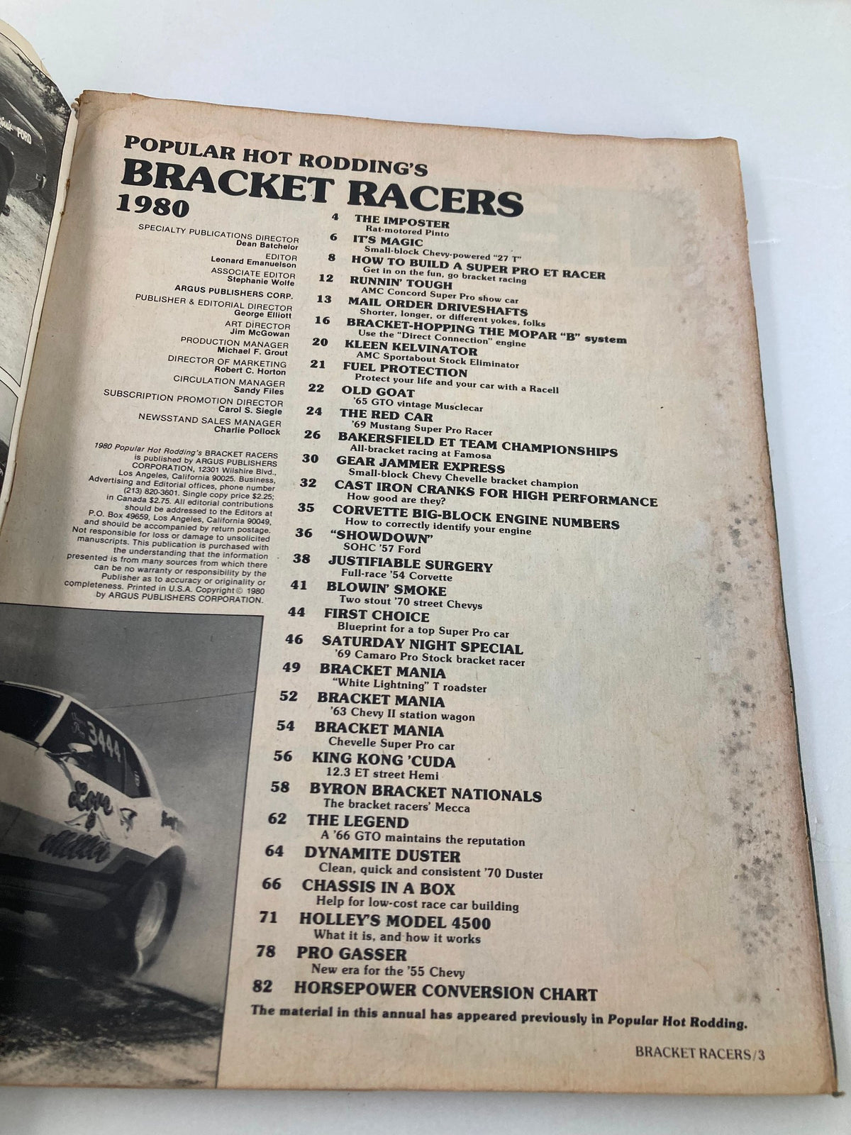 Table of contents from VTG Bracket Racers Magazine 1980 Build A Super Pro ET Racer Setups, detailing various articles and features related to drag racing.