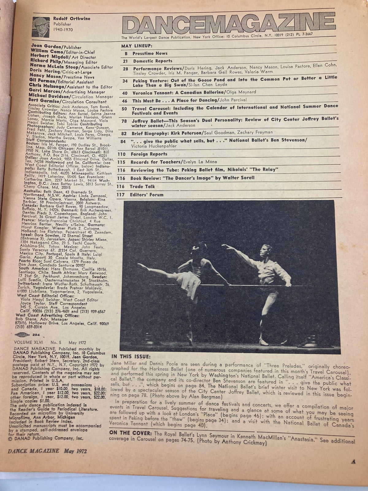 Interior page of VTG Dance Magazine May 1972 displaying the table of contents, featuring sections on dance events and productions.