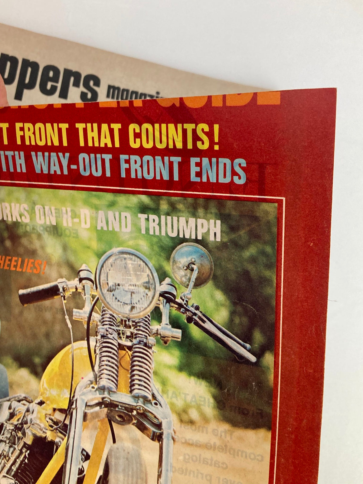 VTG Choppers Magazine February 1971 cover featuring a motorcycle with unique front end and handlebars, highlighting the theme 'It's the Front That Counts!'.