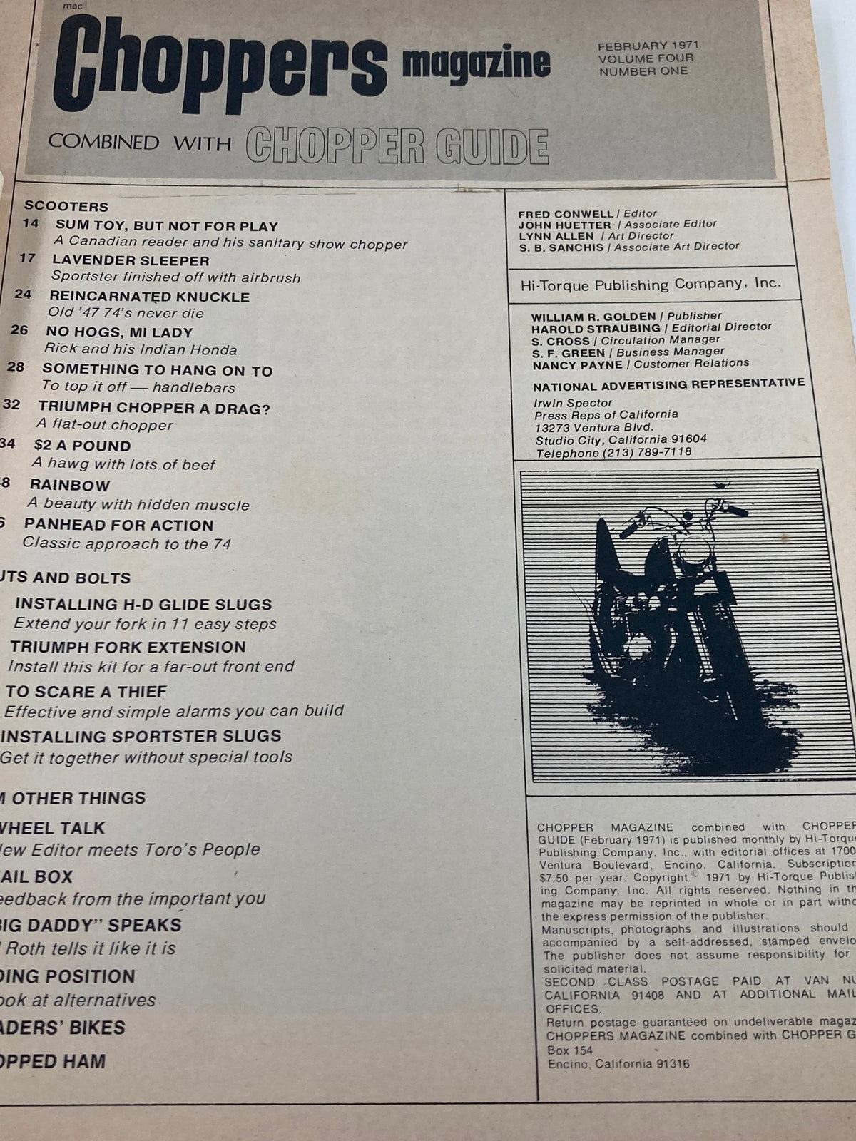 Table of contents from VTG Choppers Magazine February 1971, listing articles such as 'To Scare A Thief' and showcasing various motorcycle-related topics.