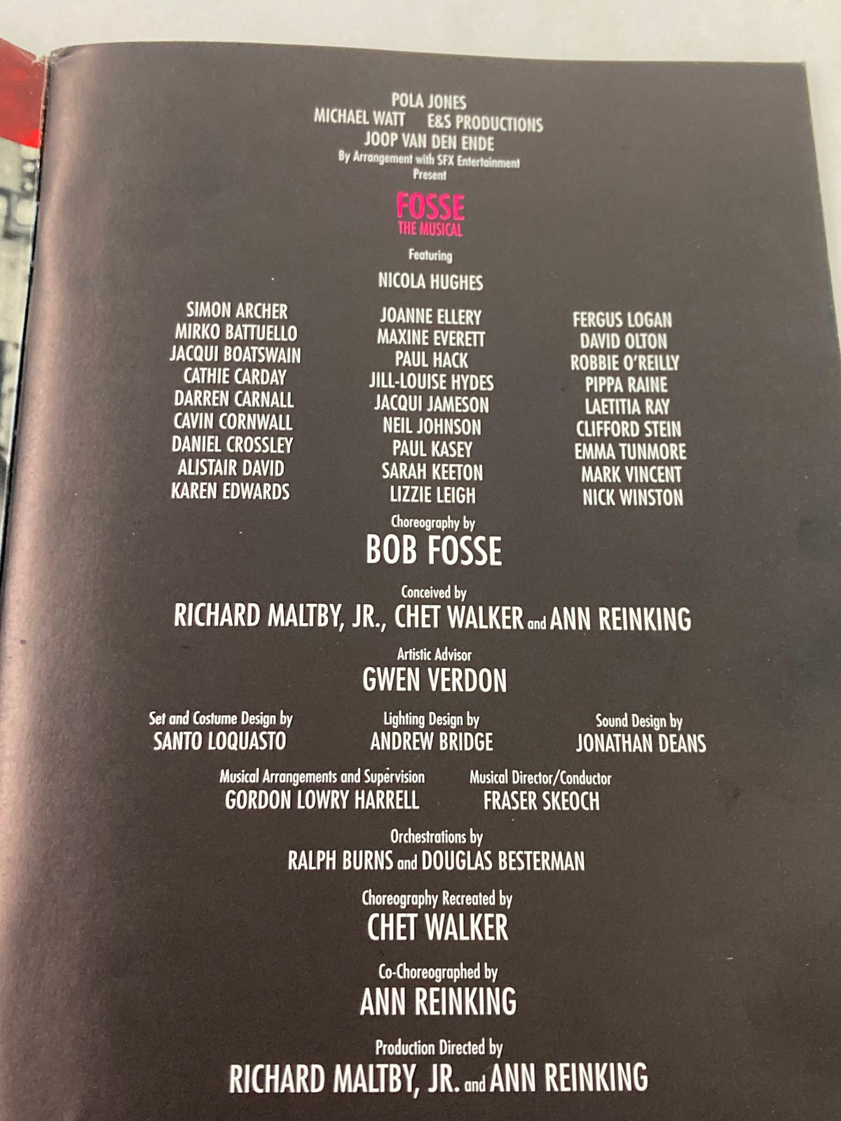 Cast and crew page of Fosse The Musical, listing key contributors including Bob Fosse, produced by Michael Watt and EAS Productions.
