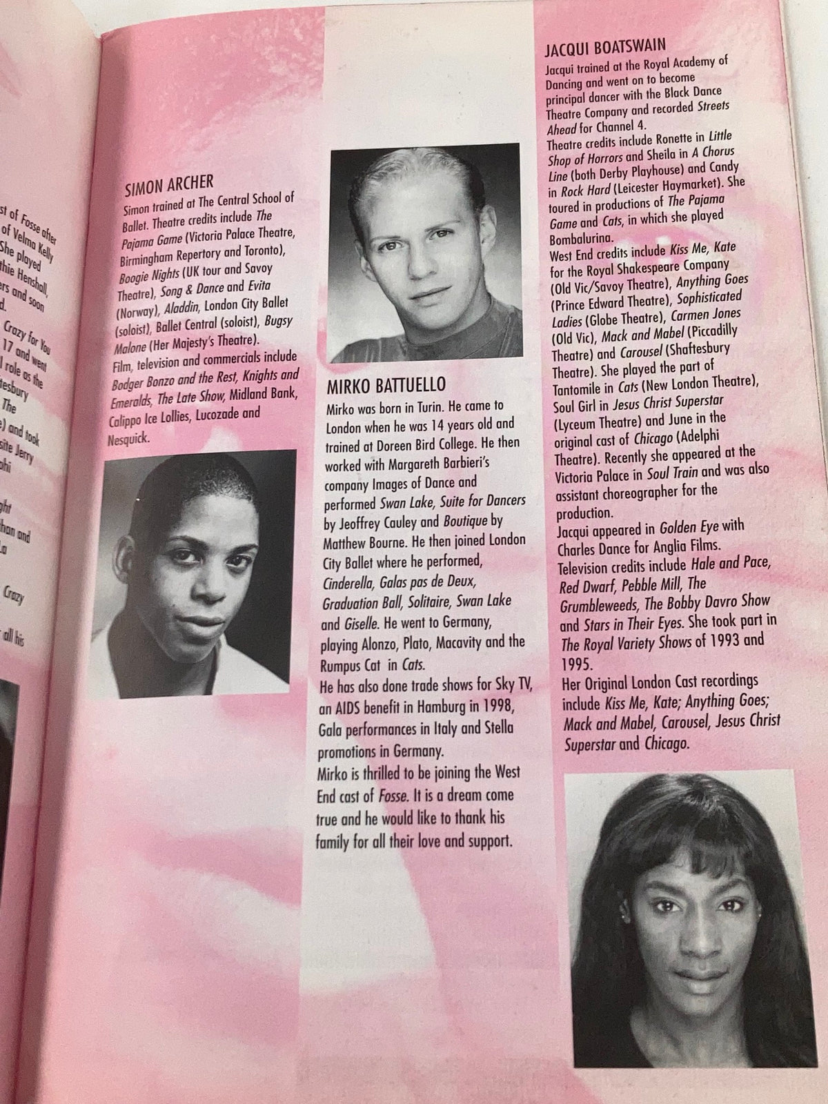 Profiles of cast members from Fosse The Musical, including Simon Archer and Mirko Battuello, showcasing their backgrounds and roles.