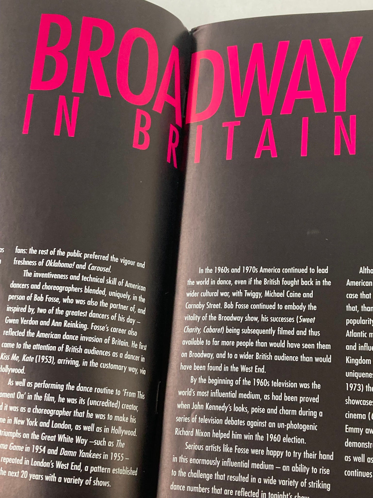 An article from the 2000 Playbill for Fosse The Musical at the Prince of Wales Theatre, highlighting the influence of Broadway in Britain during the 1960s and 1970s.
