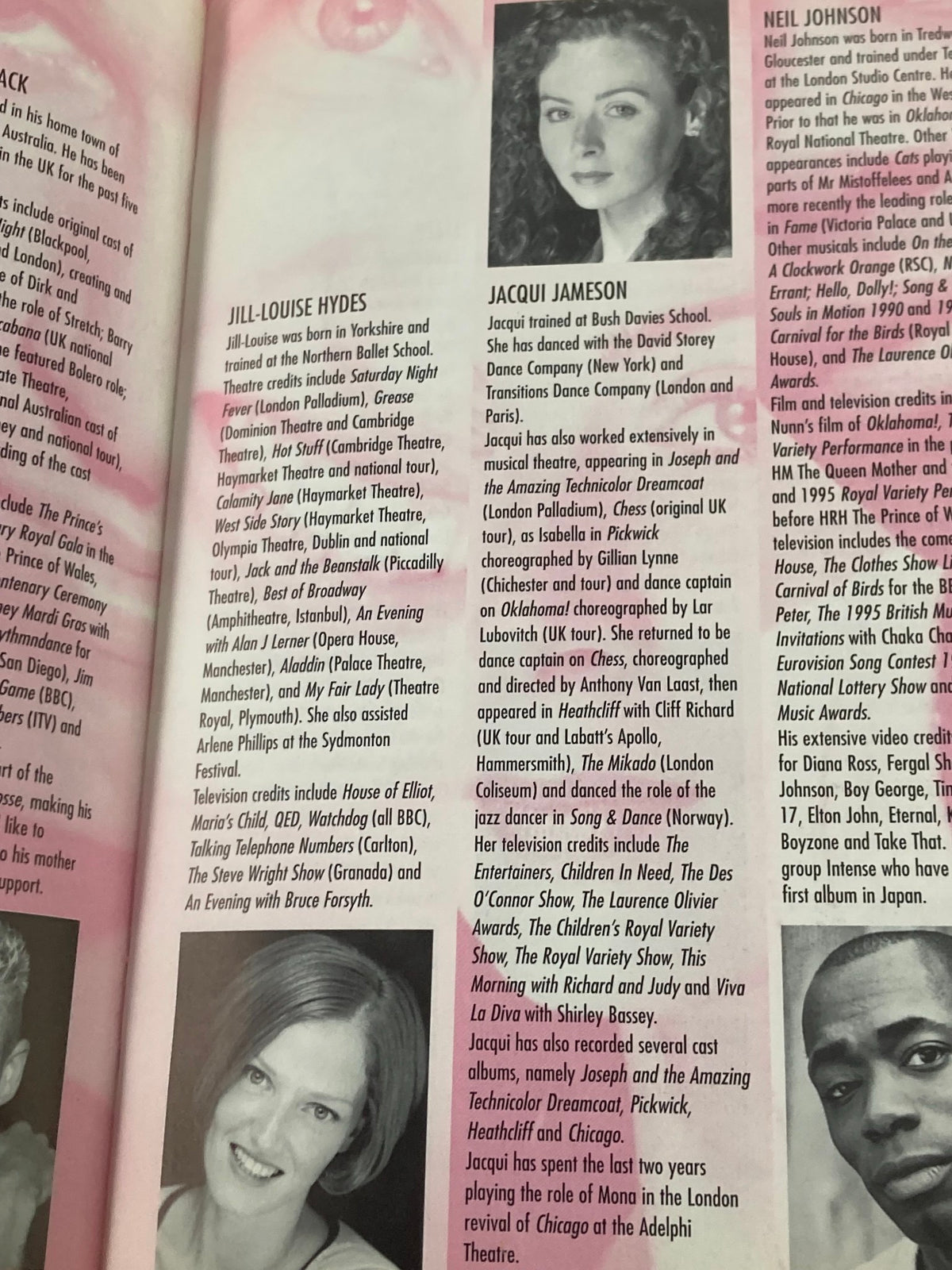 A page from the 2000 Playbill for Fosse The Musical featuring profiles of performers Jill-Louise Hydes and Jacqui Jameson, showcasing their contributions to British theatre.
