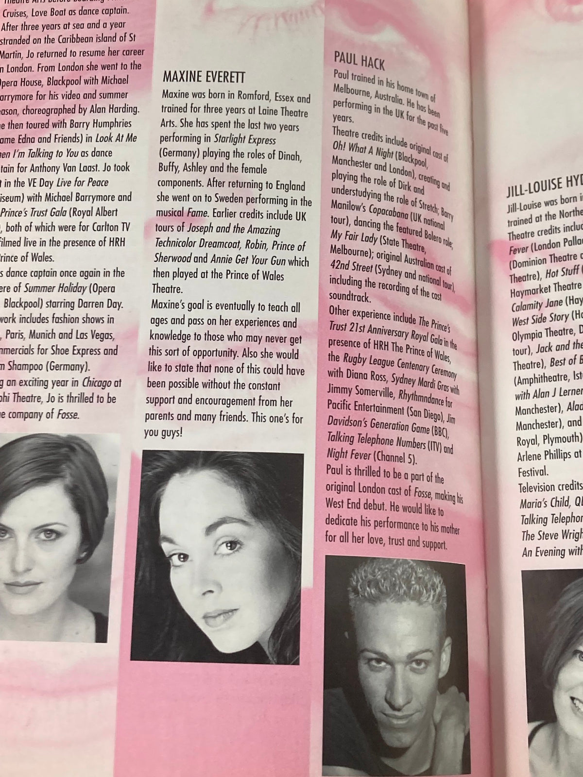 An image from the 2000 Playbill for Fosse The Musical displaying the profiles of Maxine Everett and Pauli Hack, discussing their roles in theater and their dedication to the art.