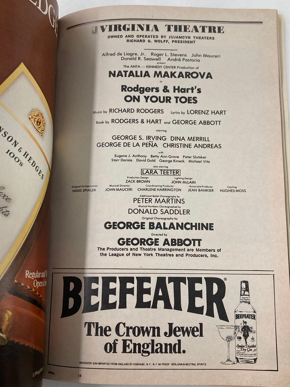 Credits page for 'On Your Toes' in the 1983 Playbill, highlighting Natalia Makarova's performance and production details.