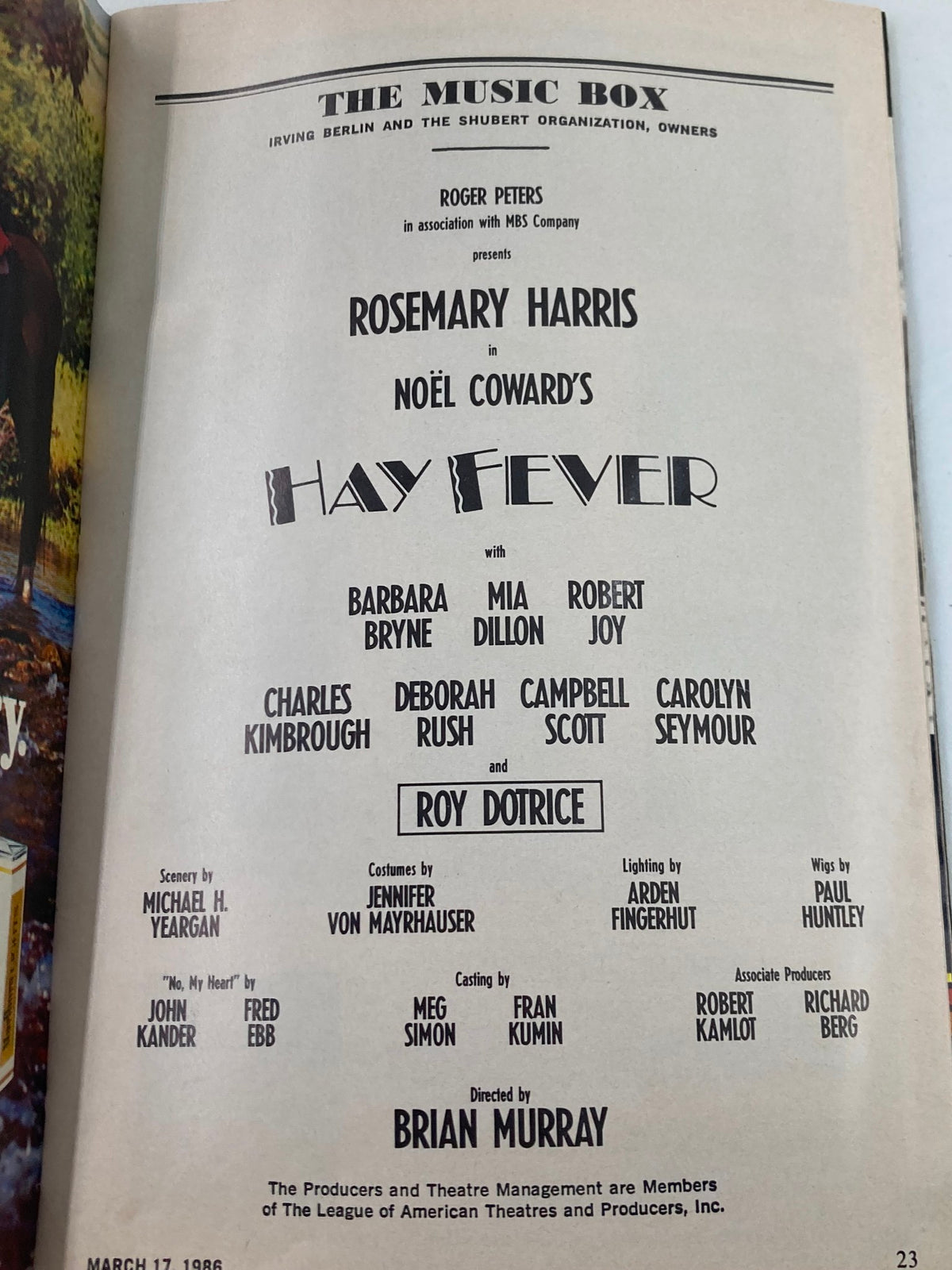 1986 Playbill for The Music Box showcasing the brilliant cast of Hay Fever, including Rosemary Harris and Barbara Bryne, along with production details.