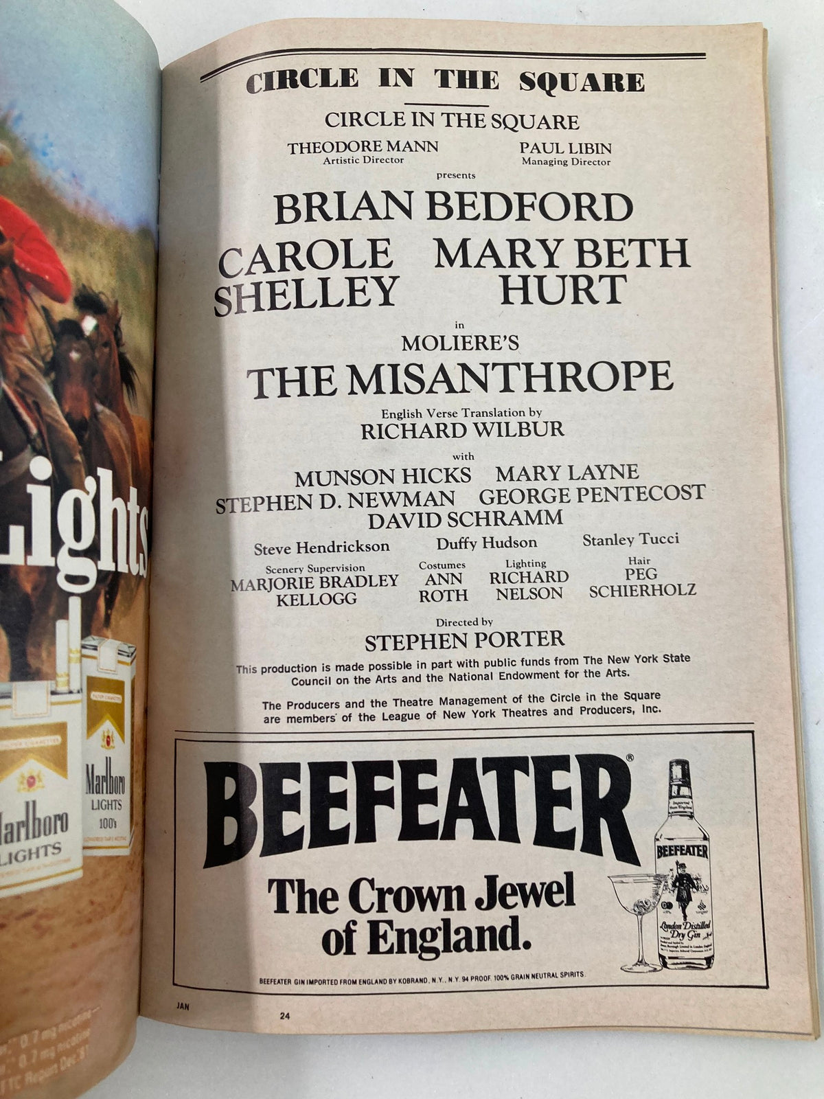 1983 Playbill from Circle in the Square Theatre featuring Brian Bedford in The Misanthrope, showcasing cast details and production credits.
