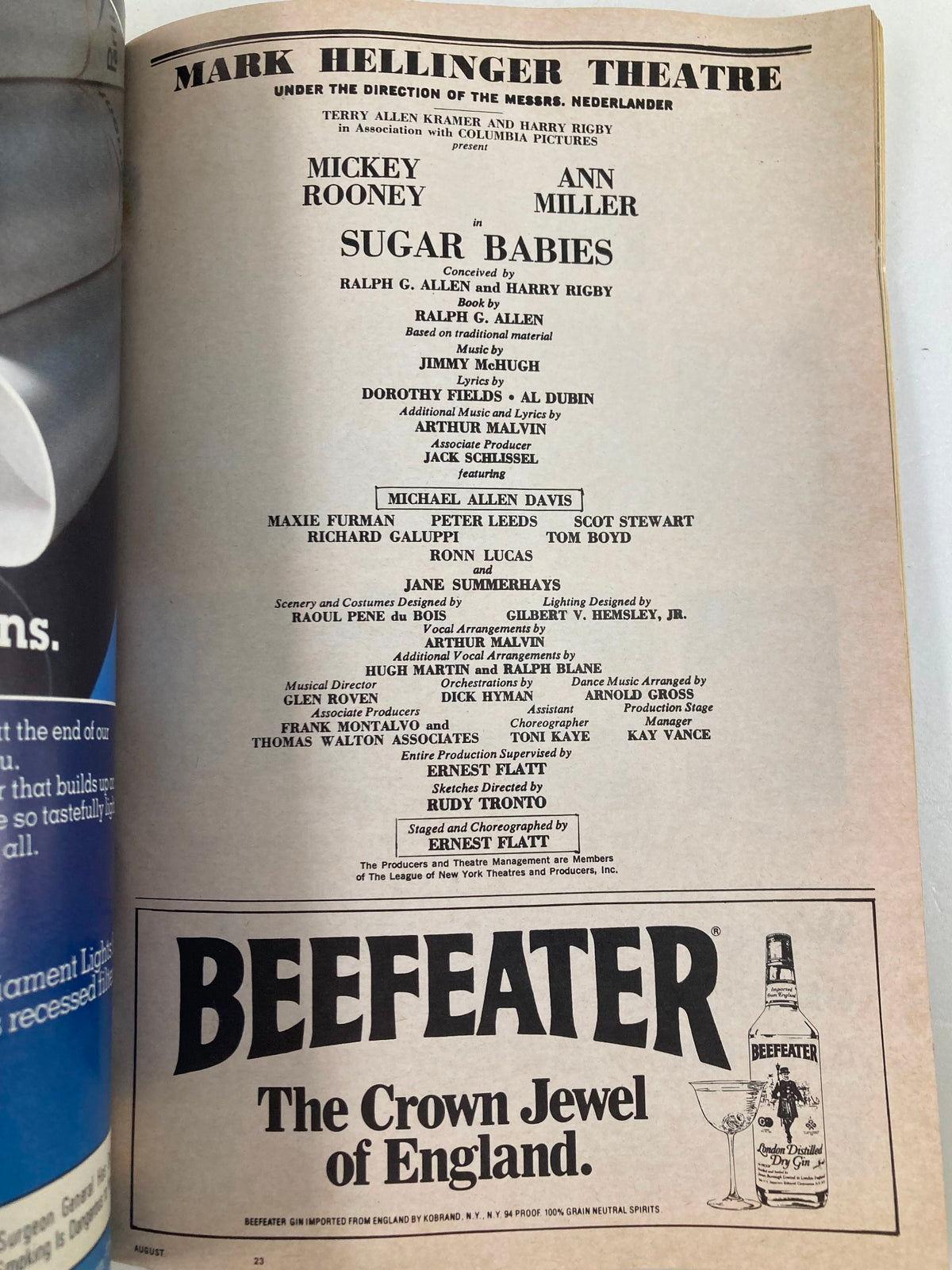 Cover page of the 1982 Playbill for the Mark Hellinger Theatre presenting Mickey Rooney and Ann Miller in the musical Sugar Babies, highlighting cast and production credits.
