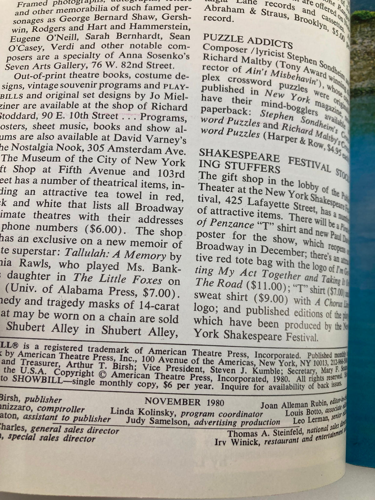 1980 Showbill Eastside Playhouse featuring Stephen O'Mara and Bruce Gould in The Desert Song. The image shows a magazine page with details of various performances, including a mention of artist Adrianne Dene. The content highlights theatrical events and notable contributors.