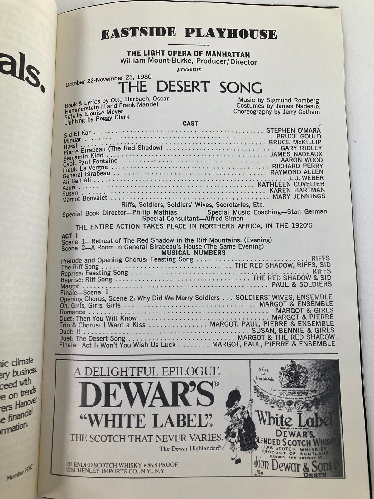 1980 Showbill Eastside Playhouse showcasing The Desert Song. The image presents a detailed program page featuring the cast and crew, including Stephen O'Mara and Bruce Gould, along with production notes and historical context of the performance.