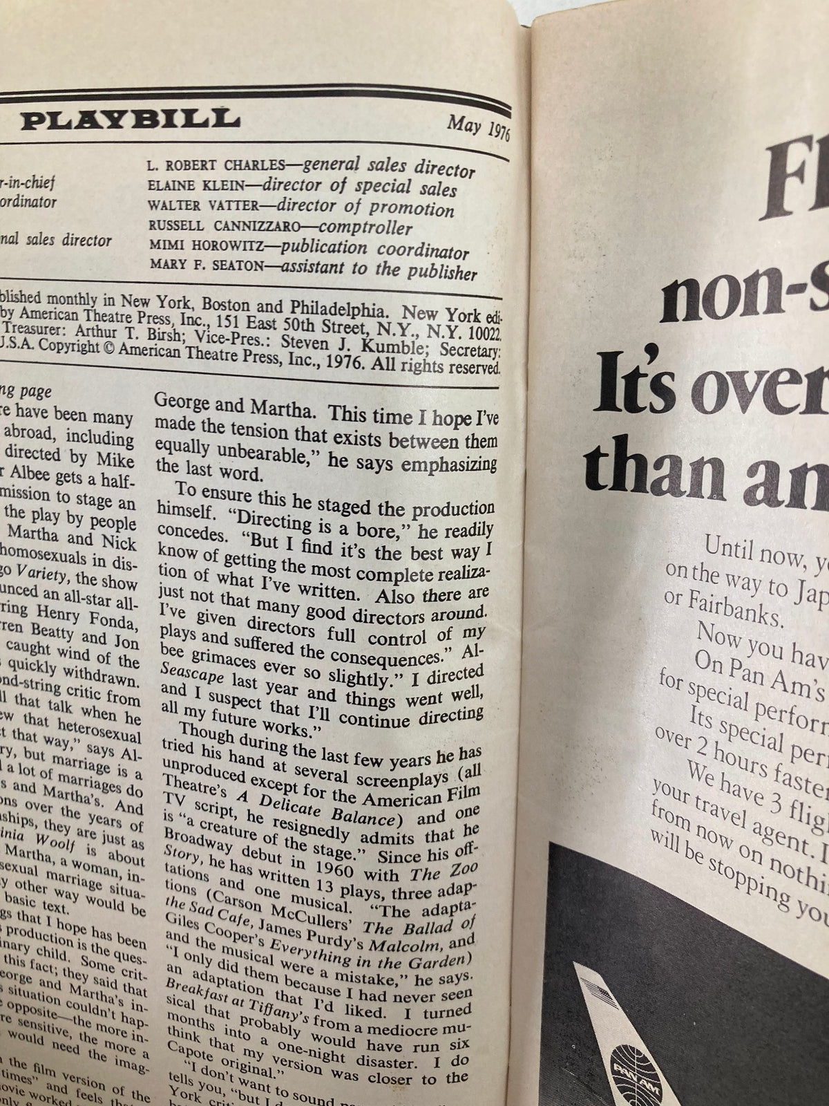 Inside page of the 1976 Playbill from Ambassador Theatre, displaying production details for 'Des Journees Entieres Dans Les Arbres' and editorial content from the original program.