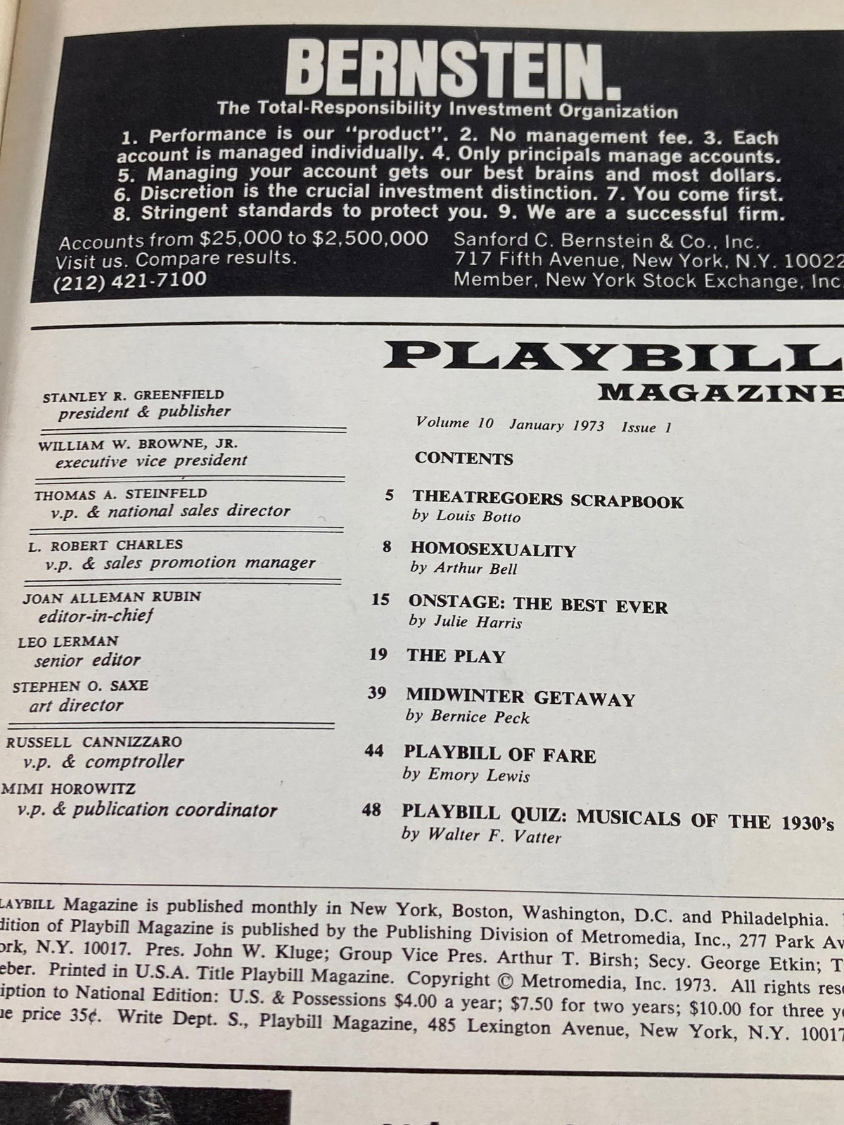 January 1973 Playbill issue containing contents and advertisements, highlighting historical theatrical performances.