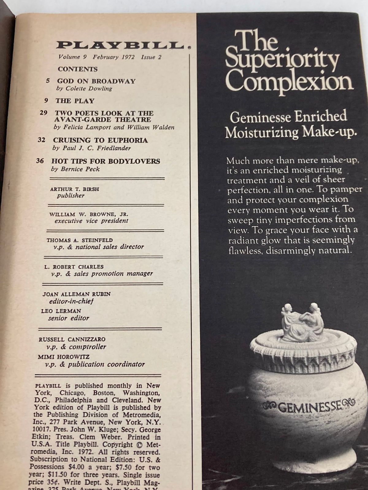 Inside page of the 1972 Playbill for Night Watch, displaying contents and advertisements for theatrical projects.