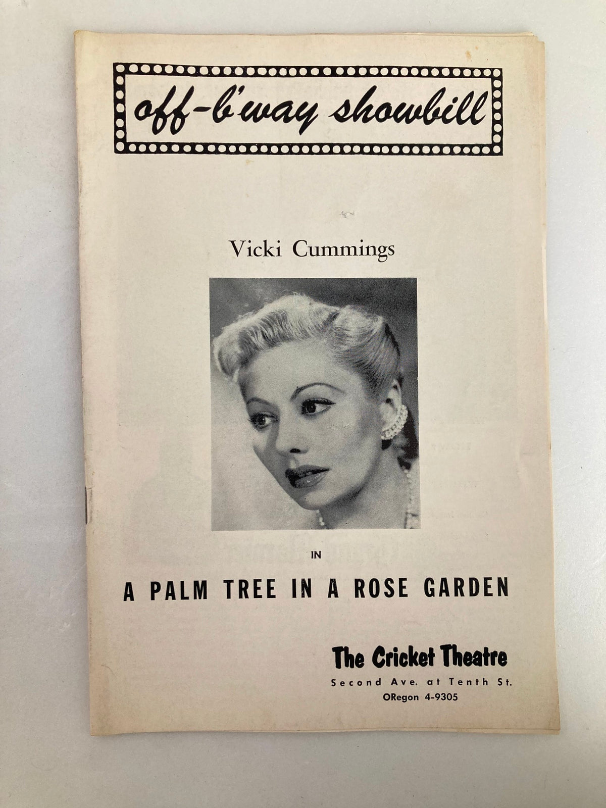 1958 showbill from The Cricket Theatre featuring Vicki Cummings in A Palm Tree in Rose Garden, showcasing classic theatrical memorabilia.