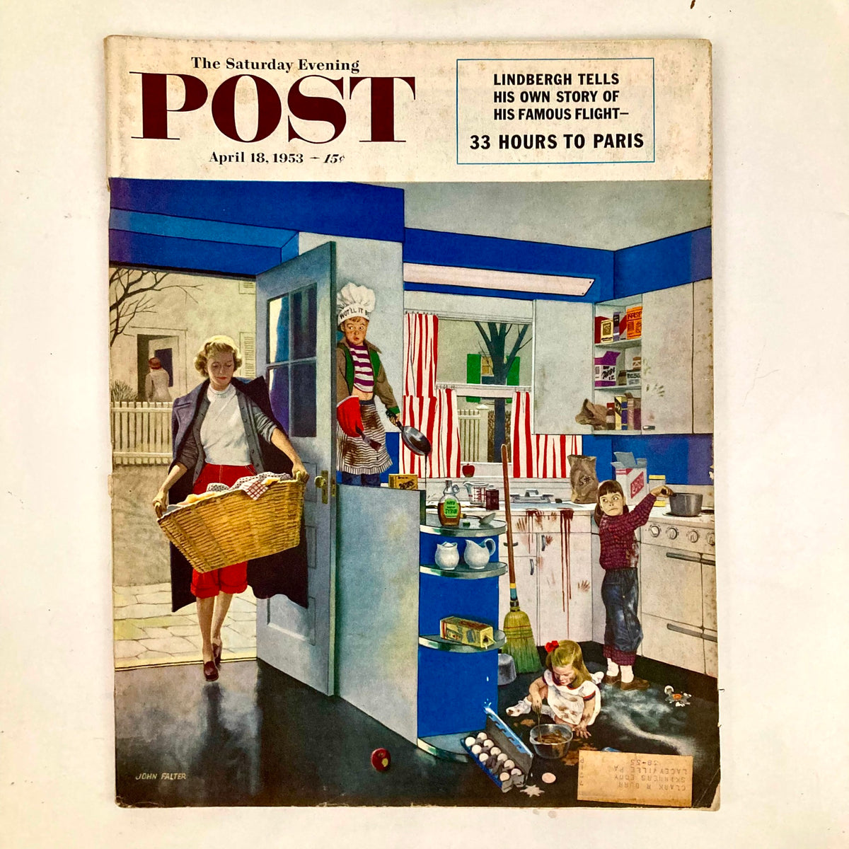 Cover of Saturday Evening Post Magazine April 18 1953, featuring a colorful illustration by John Falter depicting a domestic scene with a woman carrying laundry and children in the kitchen.