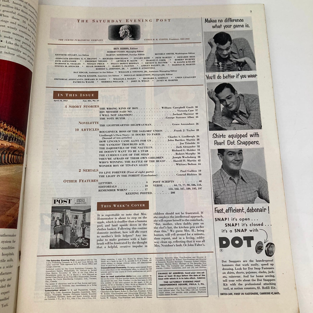 Inside page of Saturday Evening Post Magazine April 18 1953, displaying the table of contents with featured articles and advertisements.