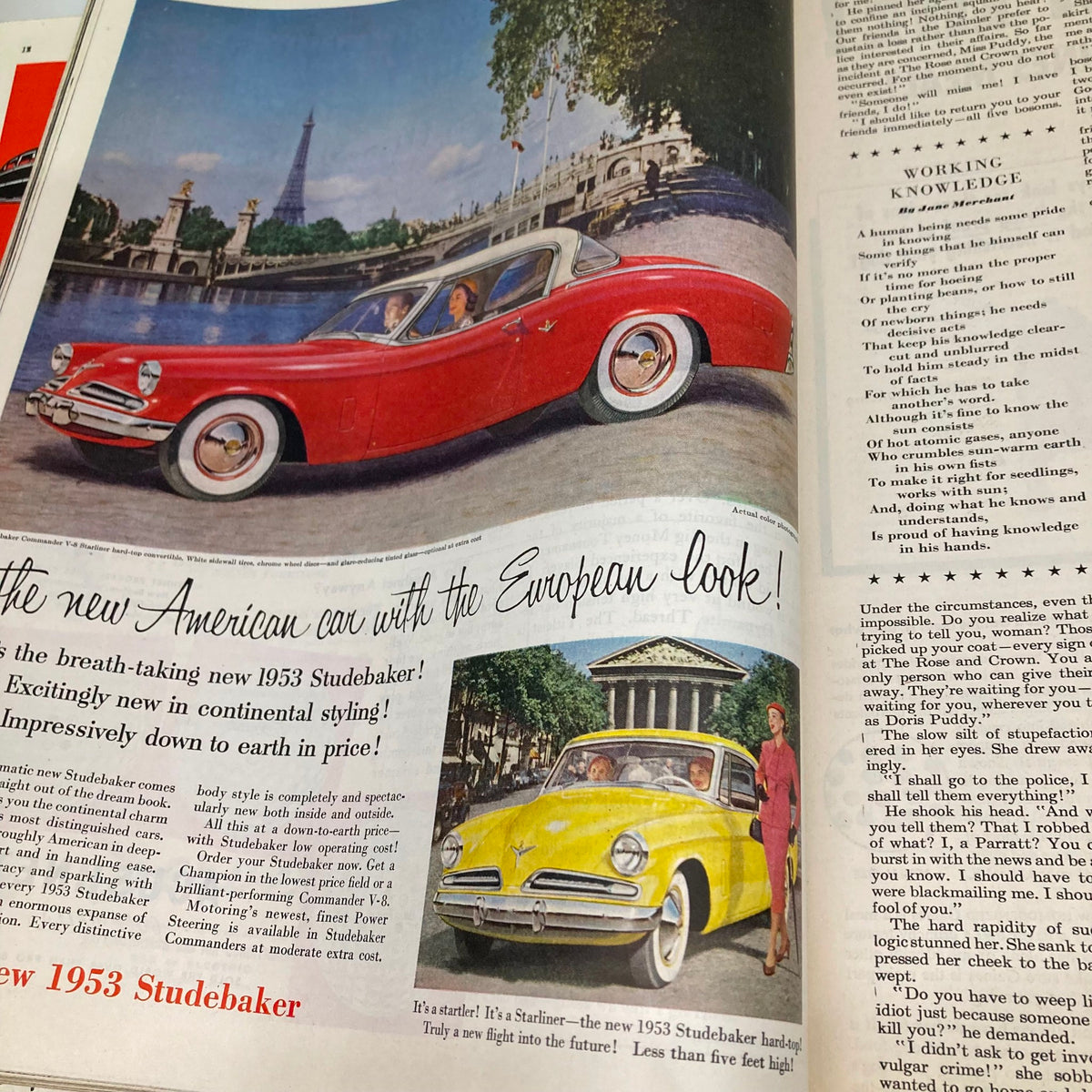 Inside advertisement page from Saturday Evening Post Magazine April 18 1953, featuring a stunning illustration of the new 1953 Studebaker with a vintage European backdrop.