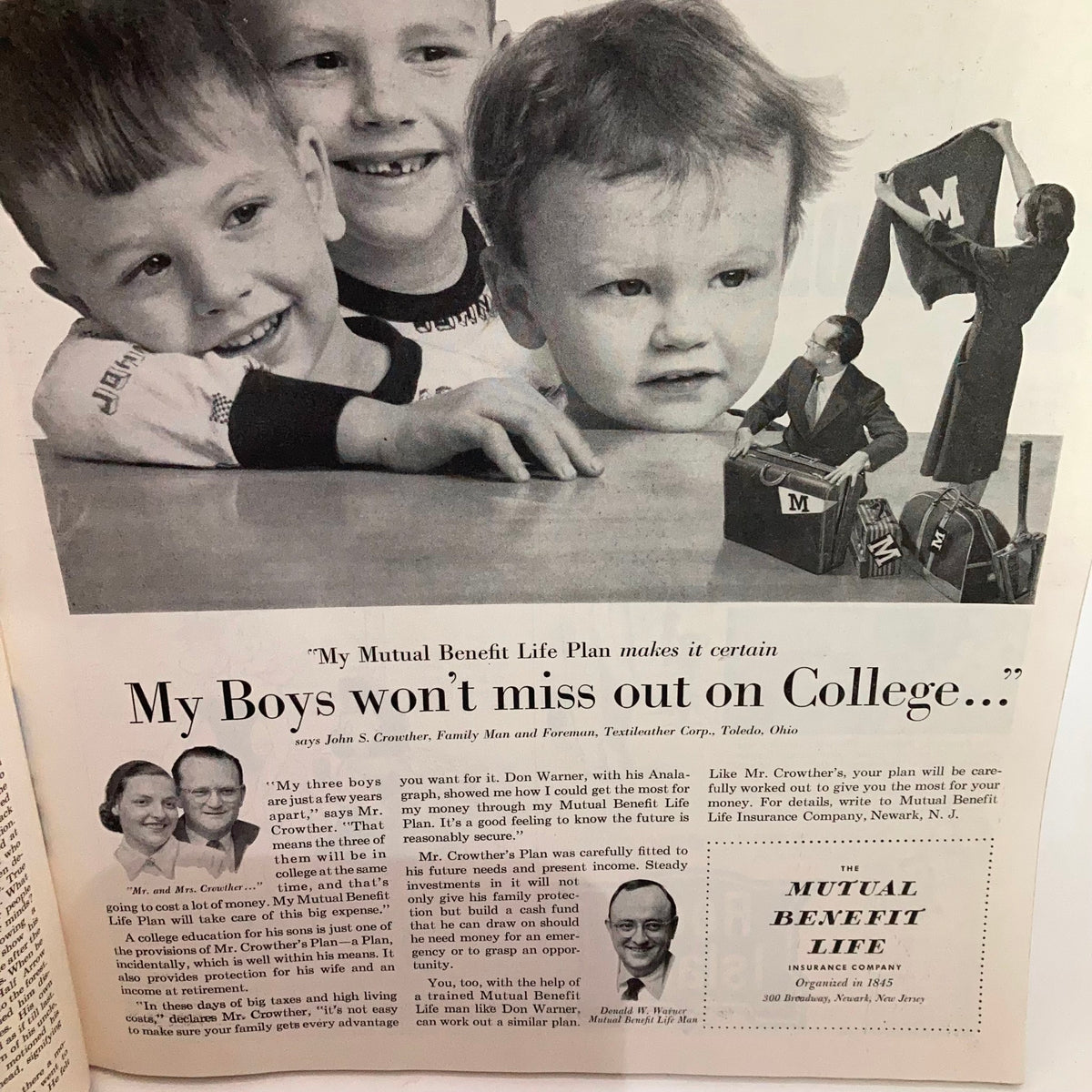 Vintage advertisement from Saturday Evening Post Magazine April 18 1953 featuring children and a family promoting the My Mutual Benefit Life Plan for college education.