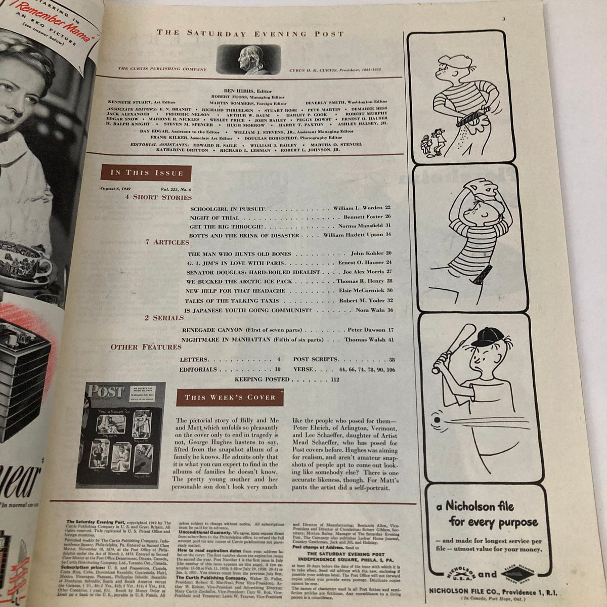 Interior page of the Saturday Evening Post Magazine from August 6, 1949 showcasing the table of contents. Features include articles and illustrations relevant to the era, providing insight into the magazine's diverse topics.