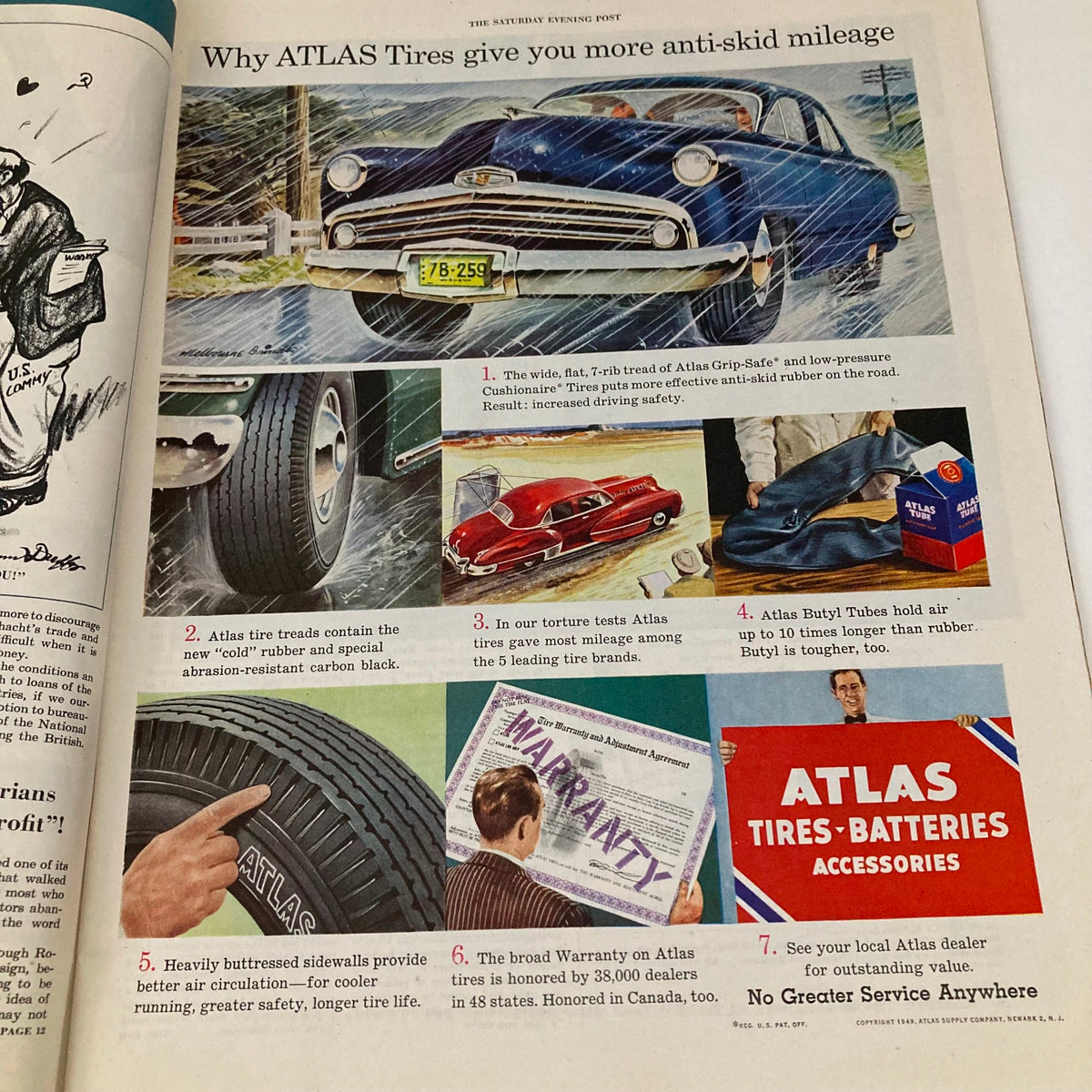 Advertisement page in the Saturday Evening Post Magazine from August 6, 1949 promoting Atlas Tires, emphasizing their safety and performance benefits. The page includes eye-catching visuals and product information from the late 1940s.