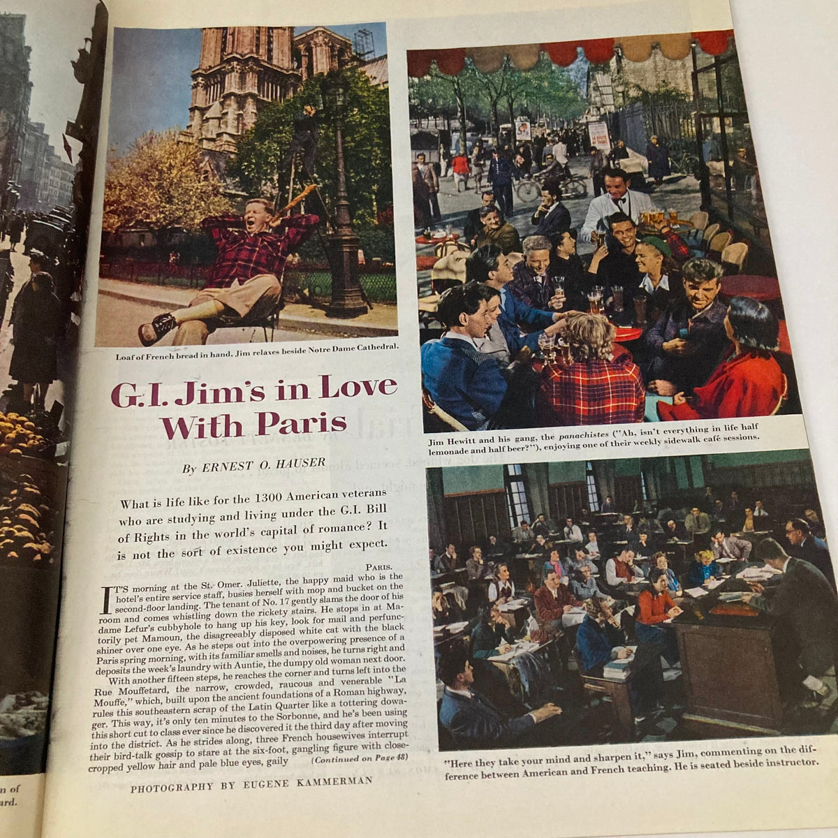 G.I. Jim's in Love With Paris article from Saturday Evening Post Magazine August 6 1949, featuring a colorful photograph of American veterans enjoying life in Paris, with vibrant outdoor café scenes.
