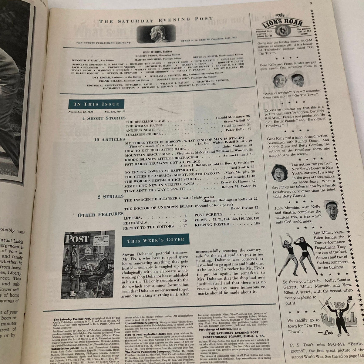 Interior page of the Saturday Evening Post Magazine, dated November 12, 1949, showcasing the table of contents and editorial details, capturing the vintage appeal of this era.