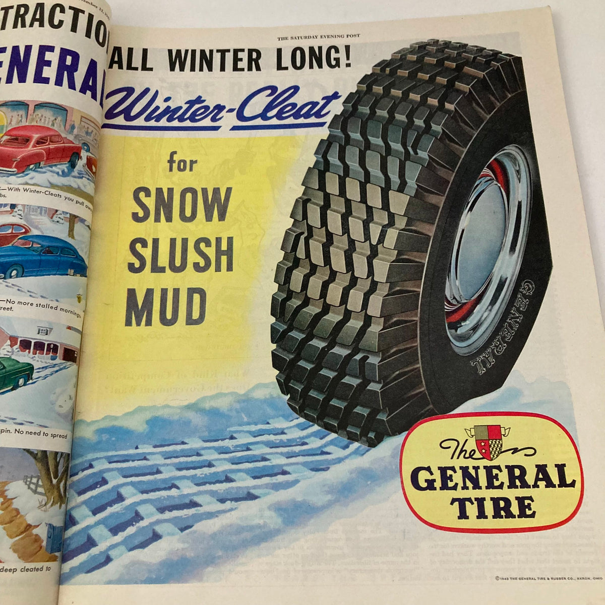 Illustration from the Saturday Evening Post Magazine dated November 12, 1949, advertising General Tire with a focus on 'Winter-Cleat' tires for winter conditions, demonstrating mid-20th century marketing.