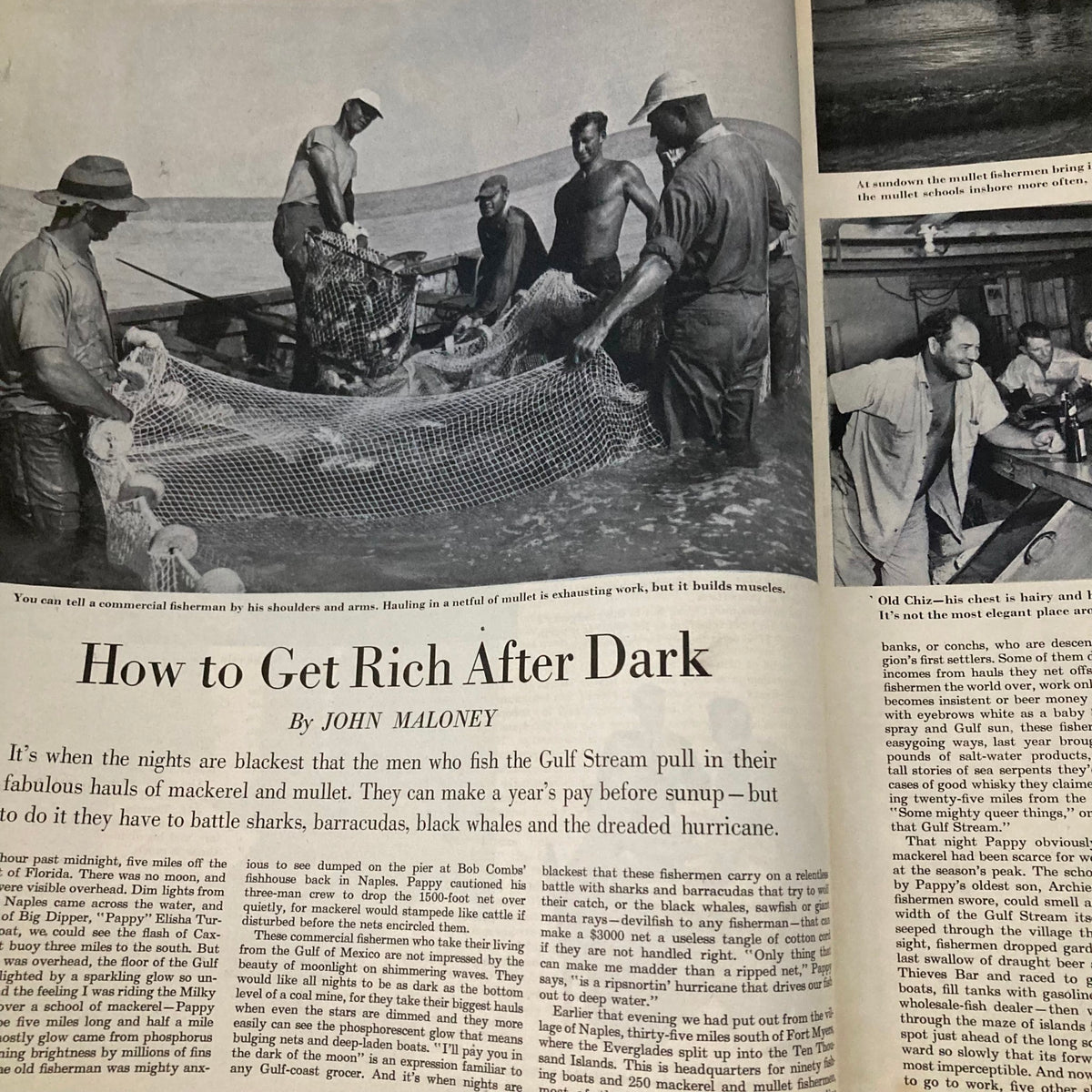 Article page from the Saturday Evening Post Magazine on November 12, 1949, titled 'How to Get Rich After Dark,' featuring a photograph of fishermen, emphasizing the magazine's diverse content.