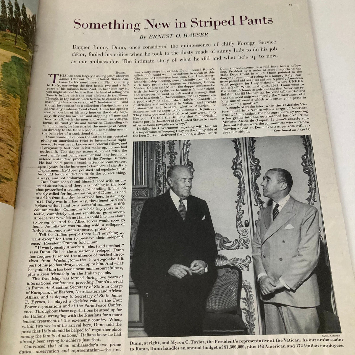 Interior page of the Saturday Evening Post Magazine from November 12, 1949, featuring an article titled 'Something New in Striped Pants' by Ernest O. Hauser. The page includes black-and-white photos and text discussing the role of ambassador Jimmy Dunn in Italy.