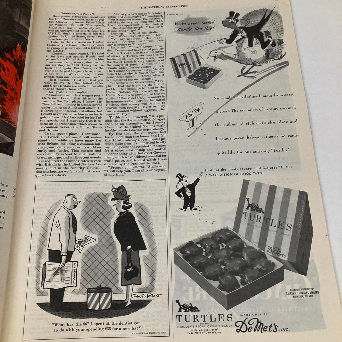Interior page of the Saturday Evening Post Magazine from November 12, 1949, showcasing humorous advertisements and illustrations, including a comedic scene related to dental visits and a promotion for Turtles chocolate candy.