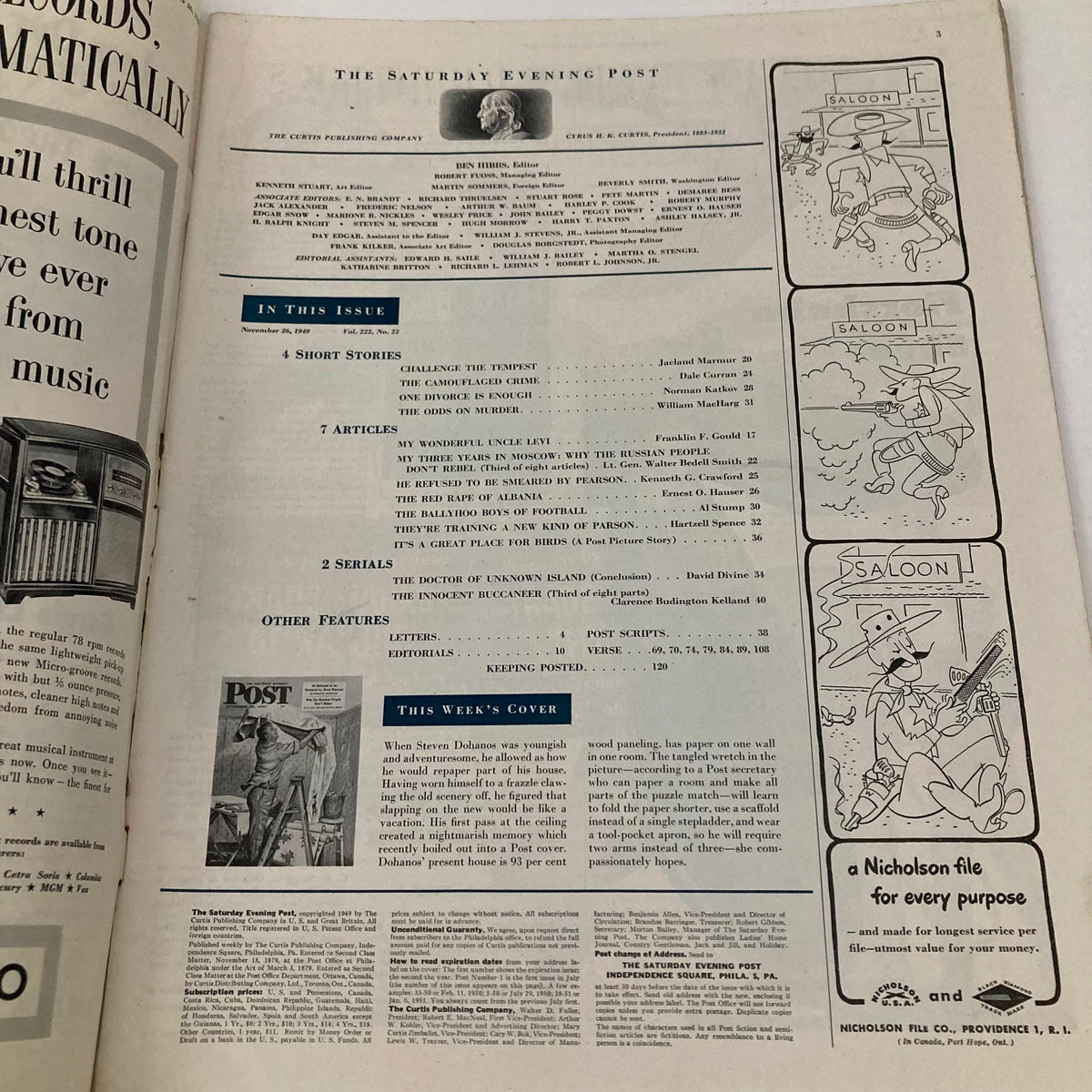 Interior page of the Saturday Evening Post Magazine from November 26, 1949, containing the table of contents alongside advertisements and features.