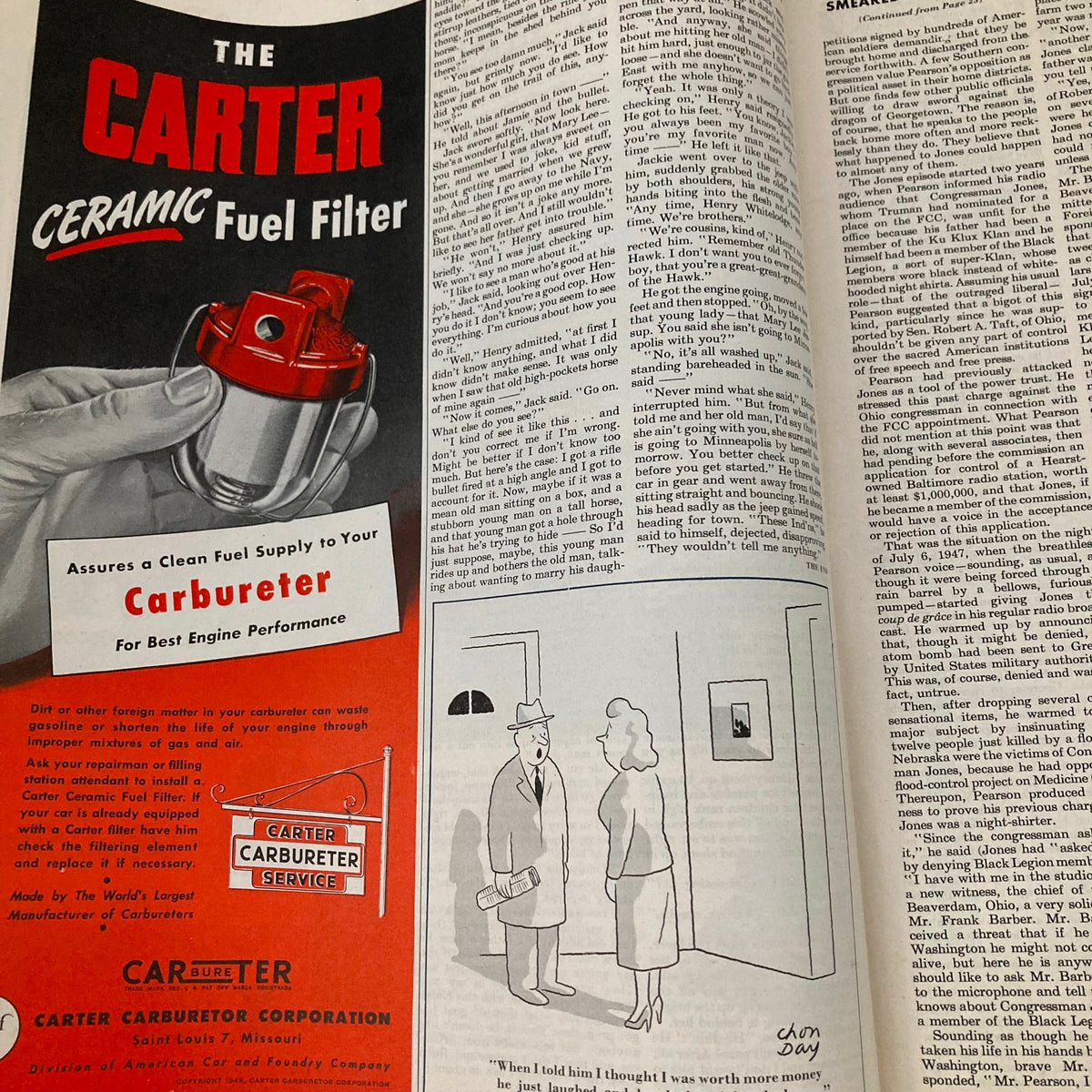 Interior page of Saturday Evening Post Magazine from November 26, 1949, featuring an advertisement for Carter Ceramic Fuel Filter along with a comic strip by cartoonist Chon Day.