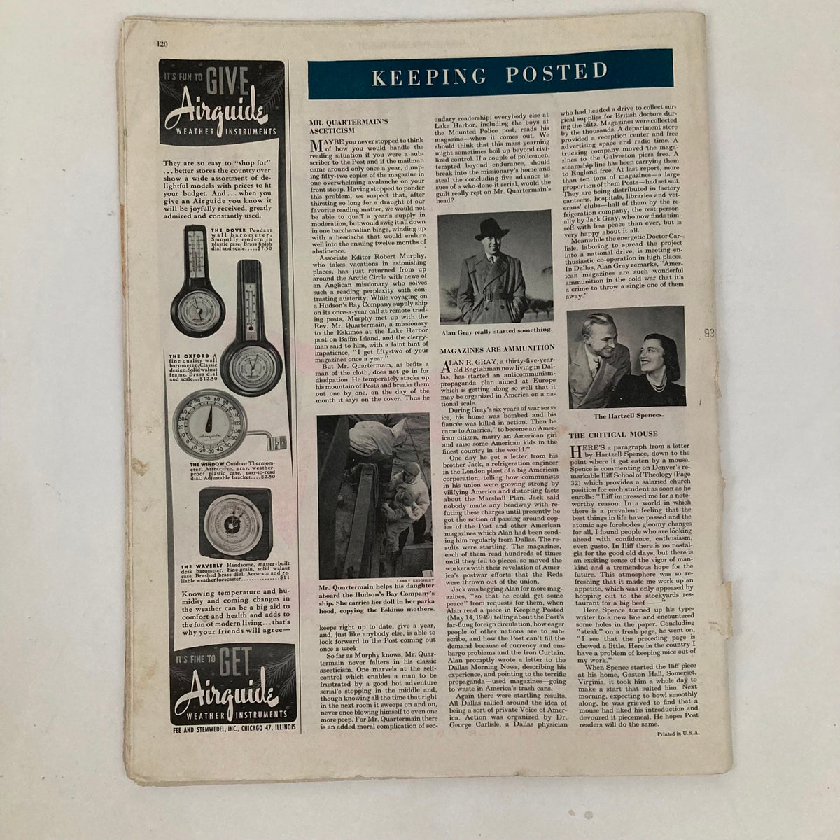 Back interior page of Saturday Evening Post Magazine November 26, 1949, showcasing advertisements and articles with vintage design elements and typography.