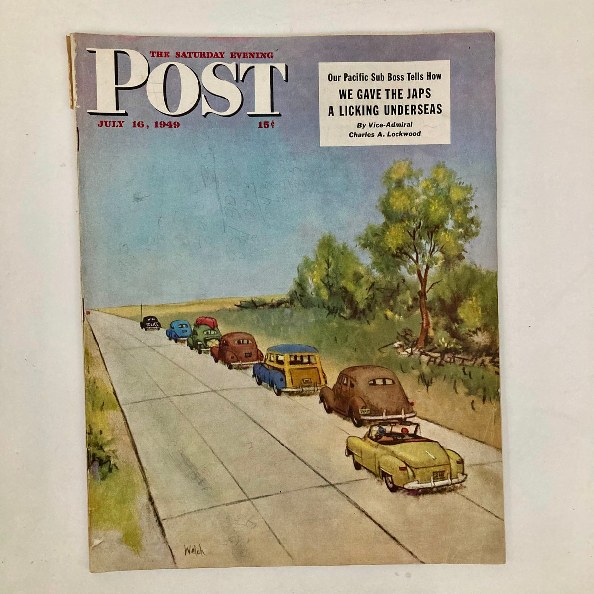 Cover of the Saturday Evening Post Magazine dated July 16, 1949, featuring a colorful illustration of classic cars lined up on a highway, created by artist Welch.