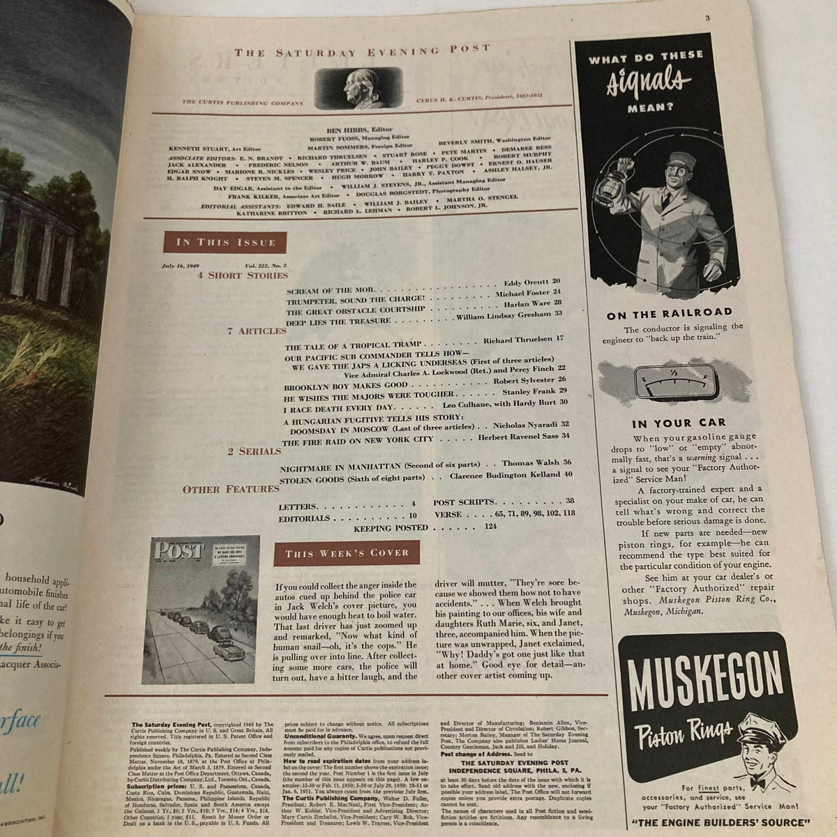 Interior page of the Saturday Evening Post Magazine from July 16, 1949, showcasing the table of contents with features and stories included in this vintage issue.