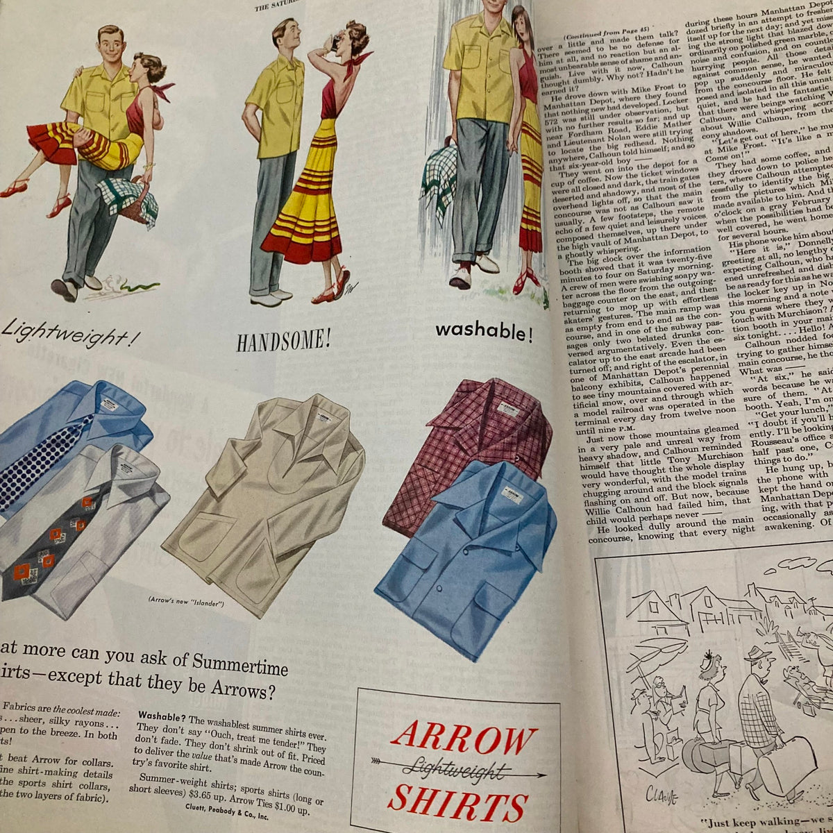Vintage advertisement in Saturday Evening Post Magazine July 16 1949 showcasing Arrow Shirts with cheerful illustrations of men and women.
