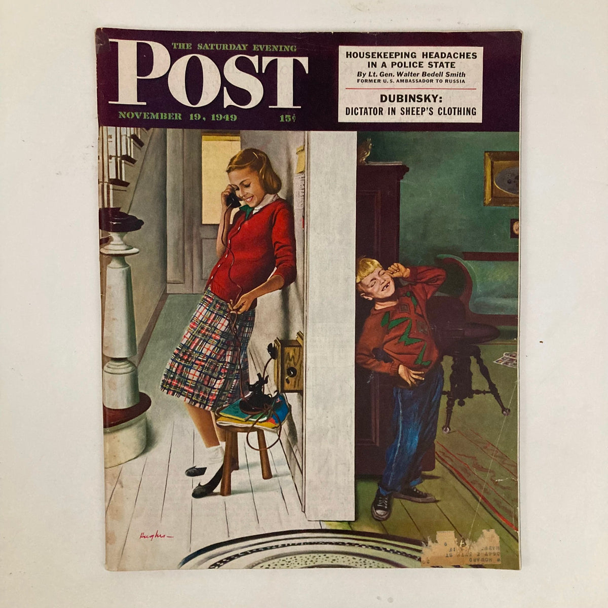 Cover of Saturday Evening Post Magazine from November 19, 1949 featuring a vintage illustration by George Hughes depicting a woman on the phone in a classic setting.