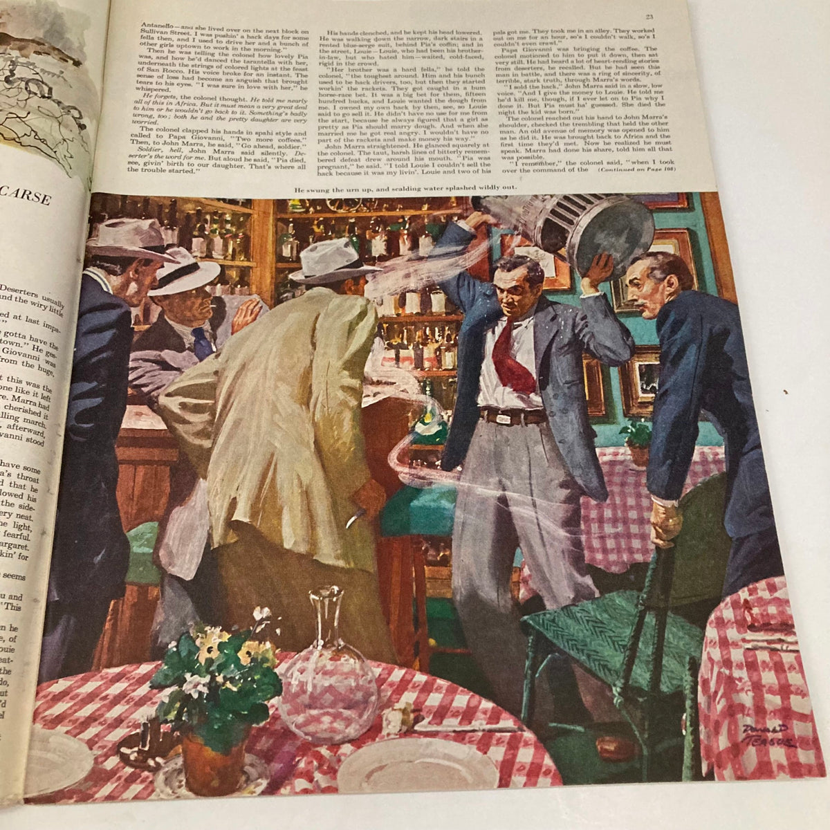 Illustration on an interior page of the Saturday Evening Post Magazine November 19, 1949 showcasing a bar scene with tense interactions among patrons.