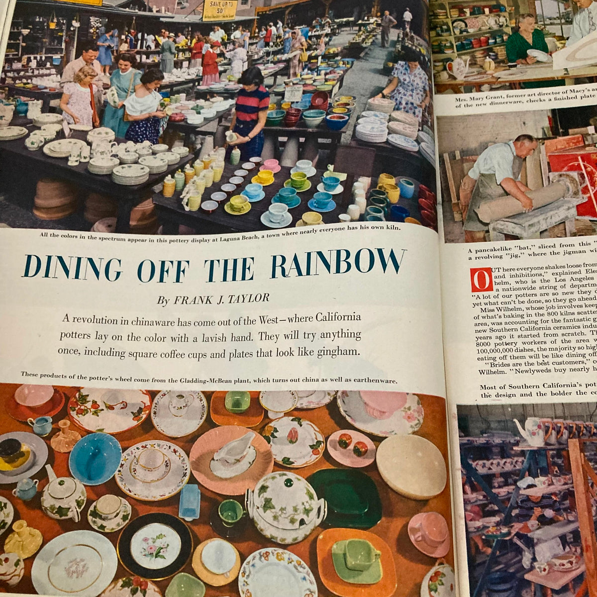 Article page of Saturday Evening Post Magazine November 19, 1949 titled 'Dining Off the Rainbow,' highlighting a pottery display in Laguna Beach.