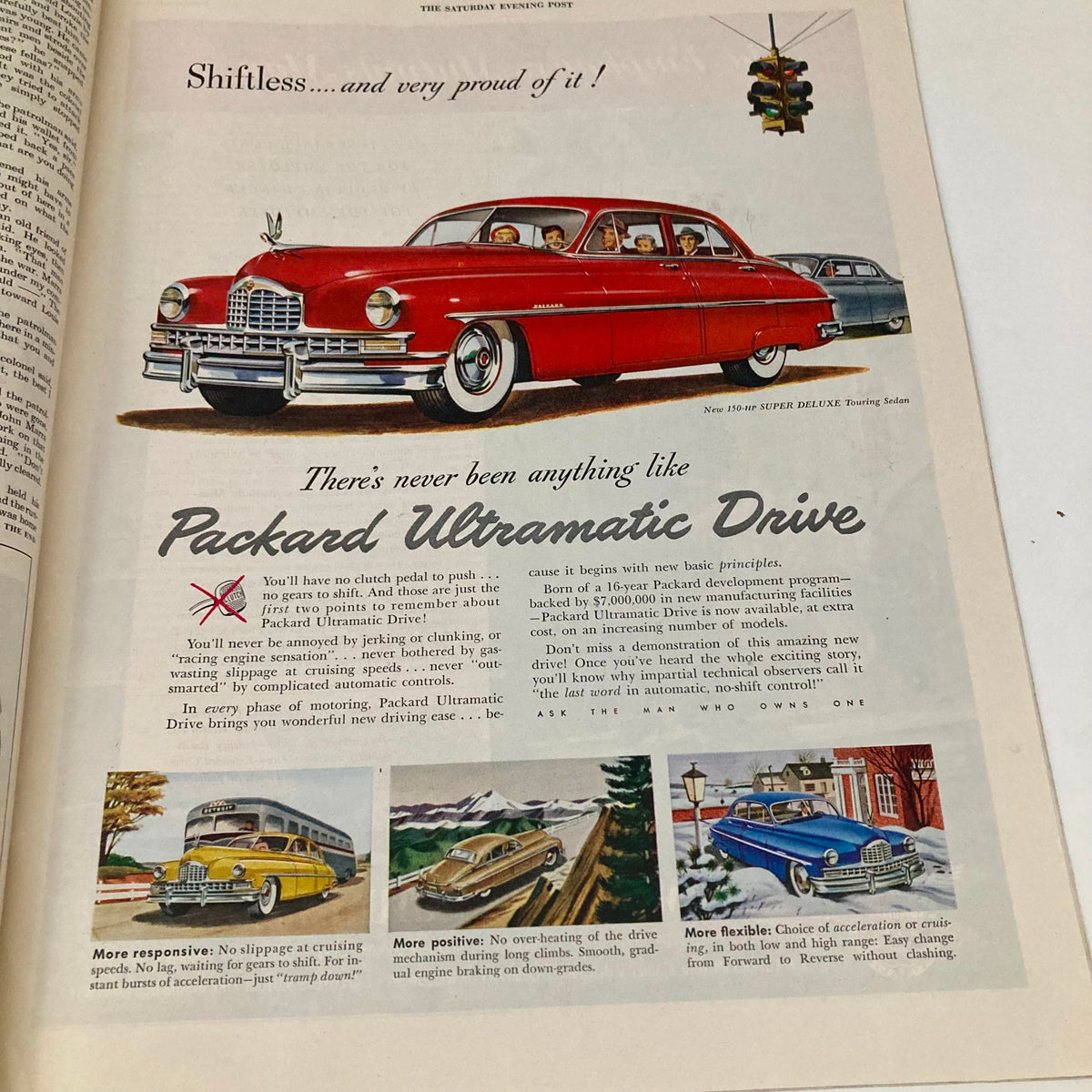Packard Ultramatic Drive advertisement from the Saturday Evening Post Magazine November 19, 1949 featuring a red car, showcasing the innovative features of the Packard Ultramatic Drive.