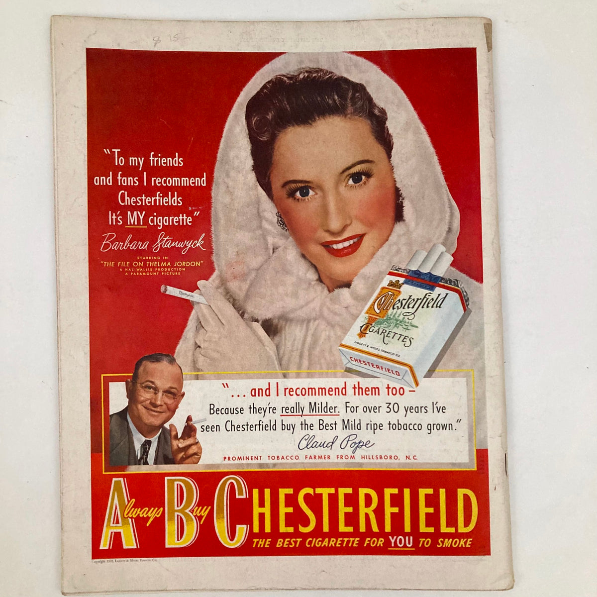 Chesterfield cigarette advertisement featuring actress Barbara Stanwyck from the Saturday Evening Post Magazine November 19, 1949, promoting Chesterfield cigarettes with a classic design.