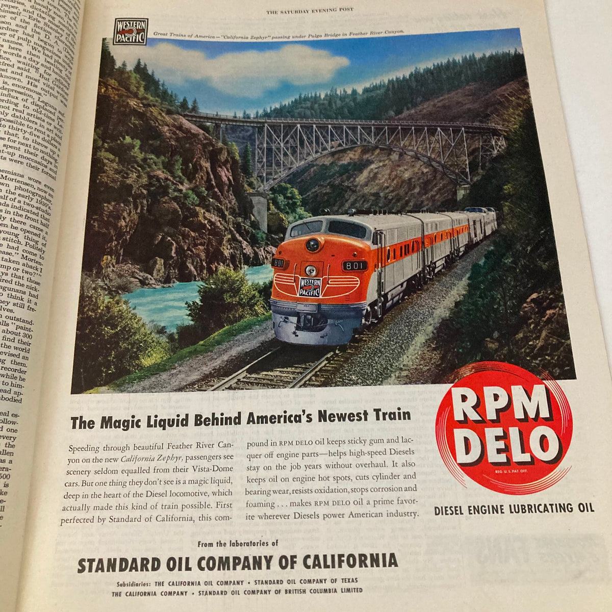 Colorful advertisement in Saturday Evening Post Magazine July 2 1949 highlighting the RPM DELO diesel engine oil, showcasing a train traveling through Feather River Canyon.